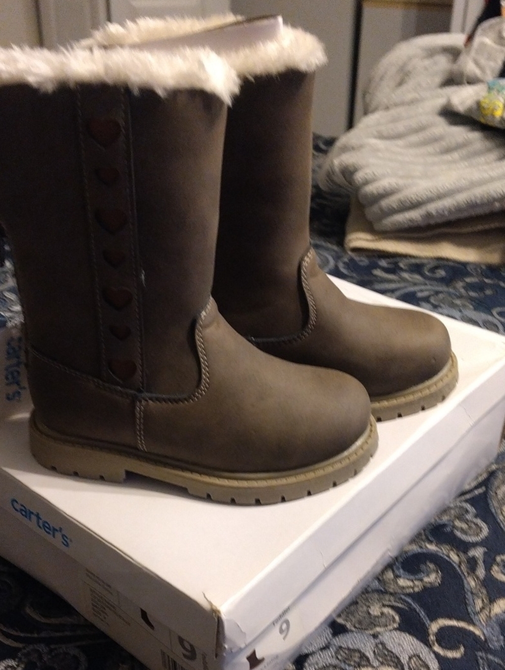 Carter's Taupe Girls Faux-Fur Tall Winter Boots with Heart Trim